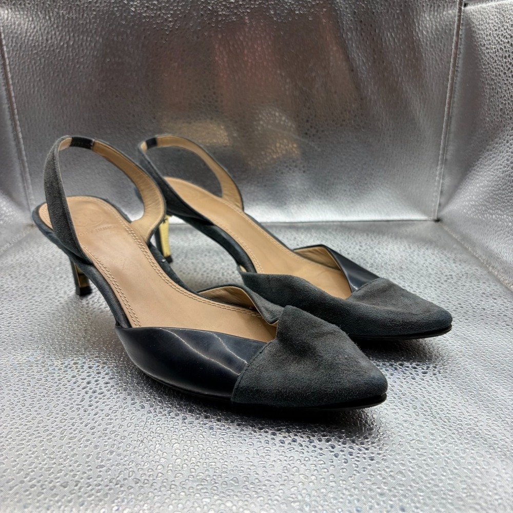 Size 6M Tory Burch Black Womens Leather Suede Pointed Toe Slingback Kitten Heels